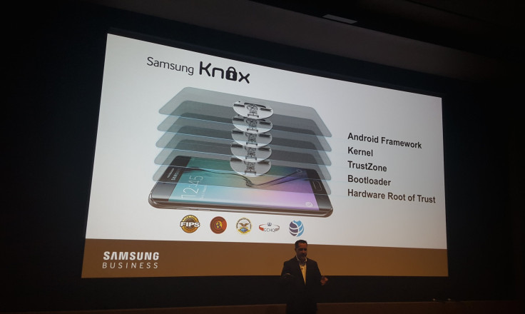 Samsung executive Eric McCarty explains the breakdown of Samsung Knox at the Galaxy Note 5/Galaxy S6 Edge+ business launch, Aug. 13 at Lincoln Center. 