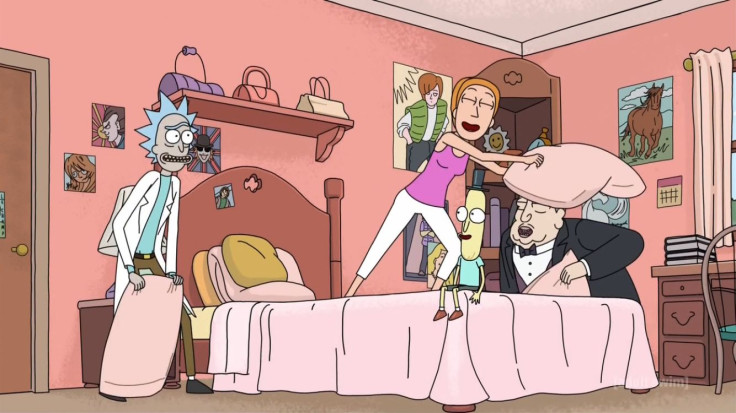Rick, Summer, Mr. Poopybutthole, and an alien parasite enjoy a pillow fight in Rick and Morty Season 2.