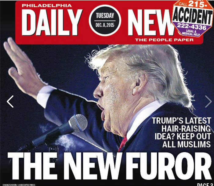 The Philadelphia Daily News depicts Trump as Hitler on today's front cover.