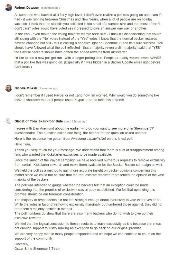 Comments from the Shenmue 3 Kickstarters about the developers' decision to not share the "exclusive" Kickstarter rewards with Slacker Backer donators.