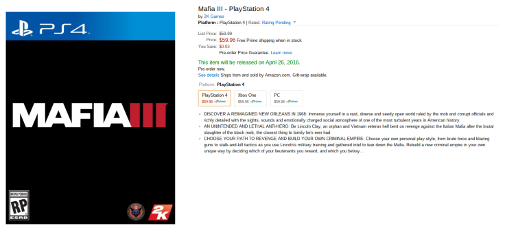 The Mafia 3 release date on Amazon's website