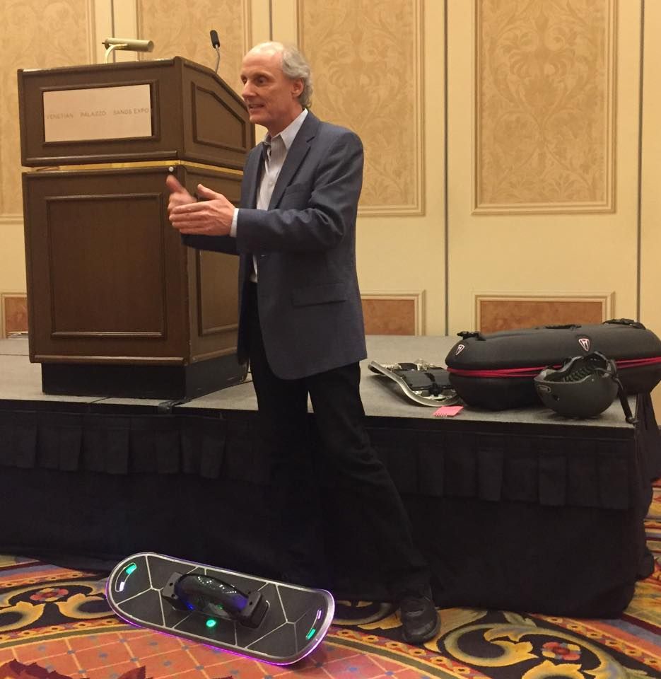 Robert Bigler showcases his hoverboard at the Consumer Electronics Show in Las Vegas.