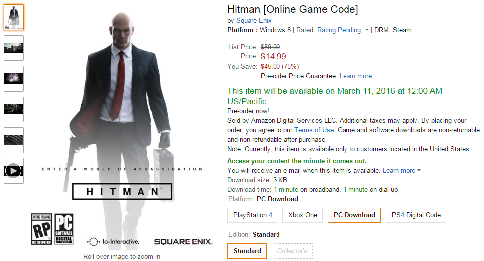 Hitman PC Pre Order Only 15? Amazon Makes Listing Error In Your Favor