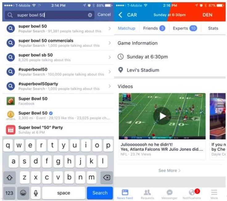Typing in 'Super Bowl 50' on your iPhone and tapping on the Facebook result launches you into Facebook Sports Stadium