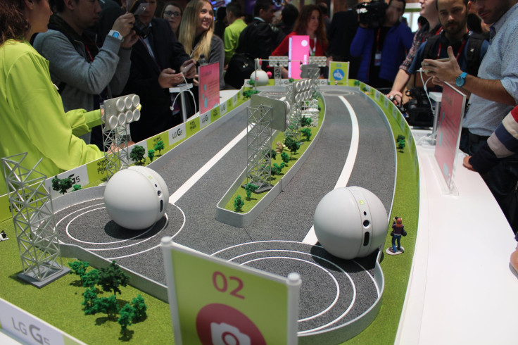 LG Rolling Bots on a racing track at the LG booth at MWC 2016.