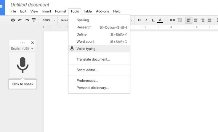 You can enable the voice typing option in Google Docs quite easily by selecting "Voice Typing" from the Tools menu