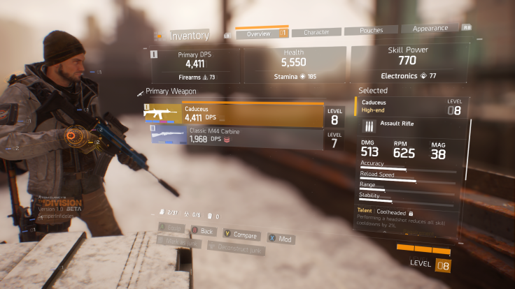 'The Division' gameplay screenshot features the High-End Caduceus rife.