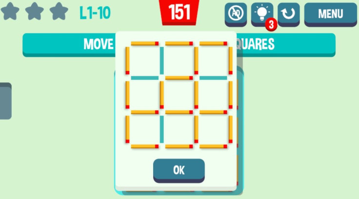 Move the Match Episode 1, Level 10 Answer - This question has a glitch. Should read "Move four matches to make two squares."