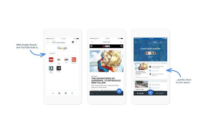 Google launches a social app called "Spaces" for sharing that includes  YouTube, Chrome and search engine features.