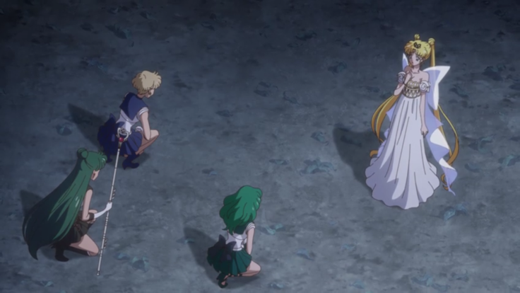 The Outer Senshi kneel before Princess Serenity