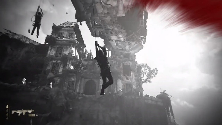 This is a true in-game 'Uncharted 4' Libertalia sequence. Note the ammo HUD on the bottom left and the dire black & white effect to lets us know Drake is getting shot up pretty bad.