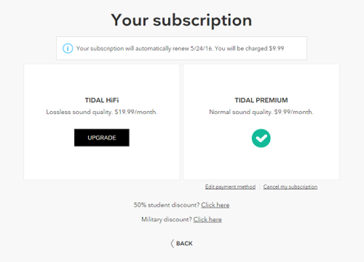 Tidal subscription page on desktop. 