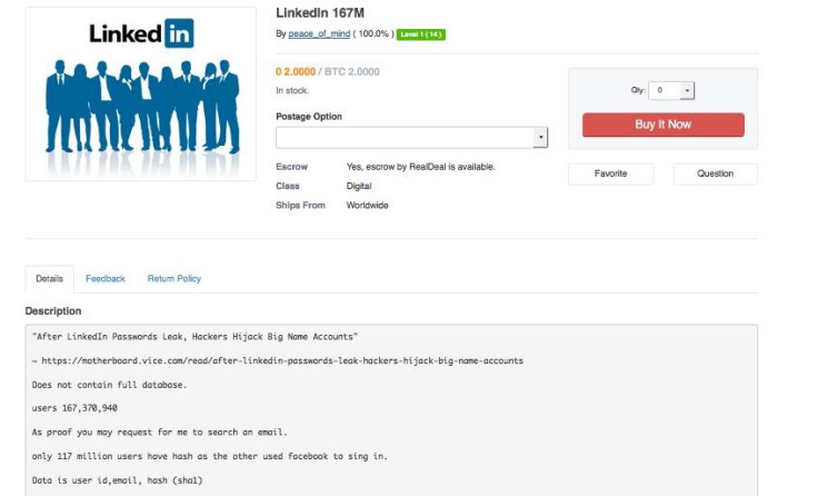 Advertisement for LinkedIn hack database on The Real Deal dark web marketplace.