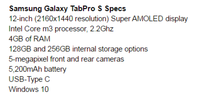 Samsung Galaxy TabPro Specs 