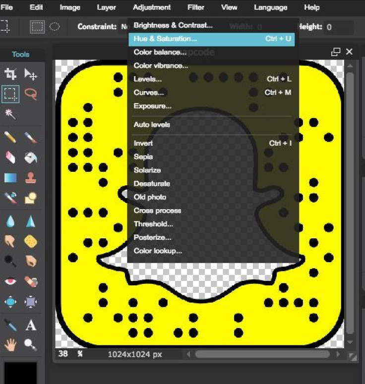 The Hue and Saturation tool will allow you to adjust the color of your snap code.
