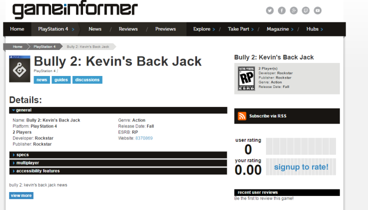 The Bully 2 listing found on the Game Informer website