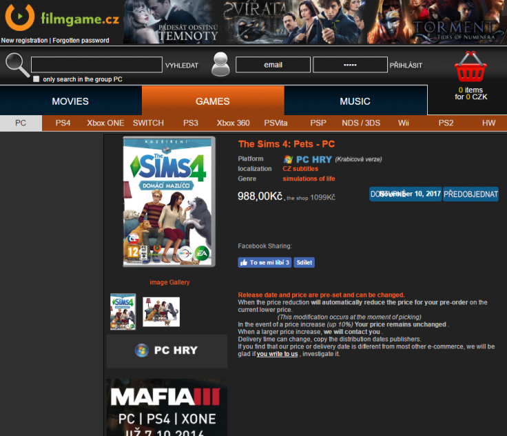 The Sims 4 Pets listing on an overseas retail website.