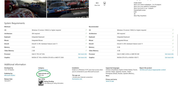 Microsoft Store reveals Forza Motorsport 7 will require approximately 100GB of storage.