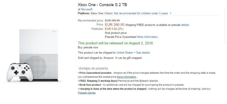 The Spanish Amazon listing for the Xbox One S