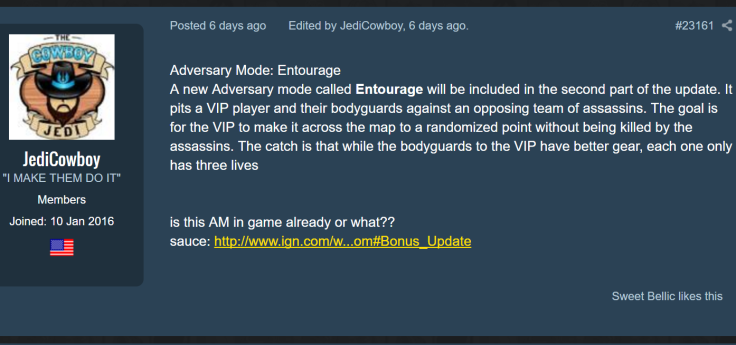 Via deleted info from IGN, a new Adversary mode called Entourage will be included in the second part of the update. 