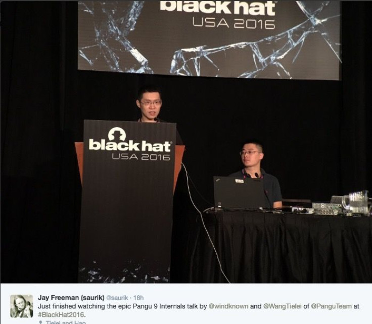 Pangu at Black Hat 2016 discussing the 9.3.3 jailbreak