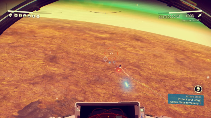 The trick to space combat in No Man's Sky is aiming in the little triangle in front of enemy ships
