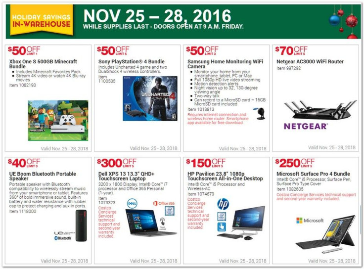 The top page of Costco's 2016 black friday ad, featuring leaked deals on PS4 and Xbox One S console bundles, with games like 'Uncharted 4' and 'Minecraft.'