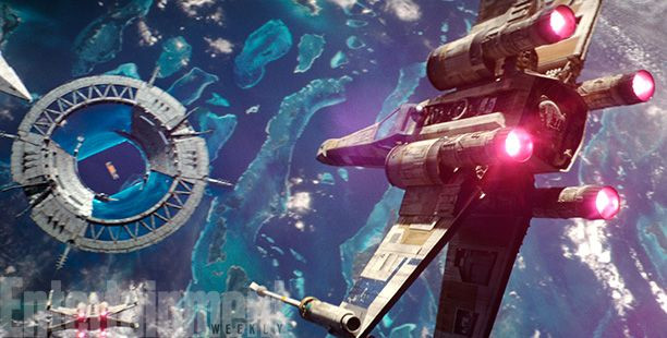 X-Wings attack a space station over the planet Scarif, which holds all the technical secrets the Empire has been working on.