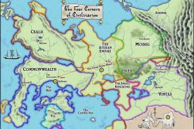 The fantasy setting for Pat Rothfuss' 'The Kingkiller Chronicle,' including lands traversed by Kvothe in his many adventures.