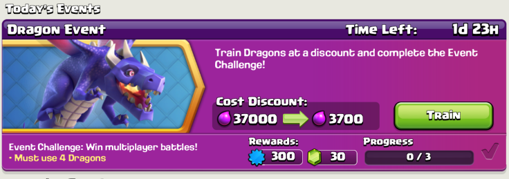 'Clash Of Clans' weekend Dragon Event significantly reduces the troop's training cost and presents users with a challenge for free gems and an experience reward.