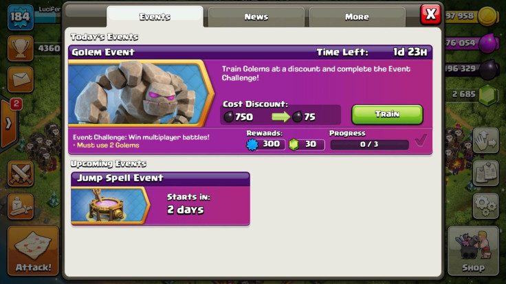 'Clash Of Clans' has a Golem Event happening now, and a Jump Spell one is coming next. Take advantage of the challenges to get some gems and XP.