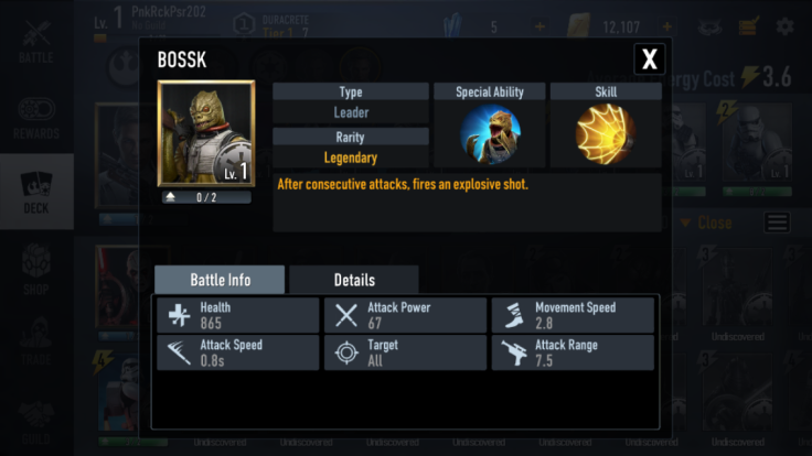 Bossk has a decent range base and a cool power that stuns his foes. Energy regeneration when Leaders are downed makes him very useful.
