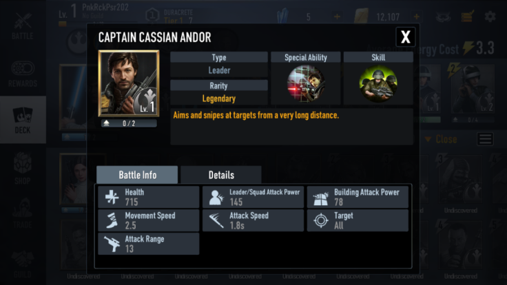 Captain Cassian Andor is new to the 'Force Arena' scene, but he's a good ranged Leader. His unique card buffs him with solid melee ability.
