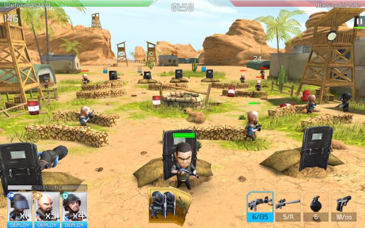 'WarFriends' has a simple interface with troops on the left, WarCards in the center, and weapons on the right. All three of these areas must be managed to win.
