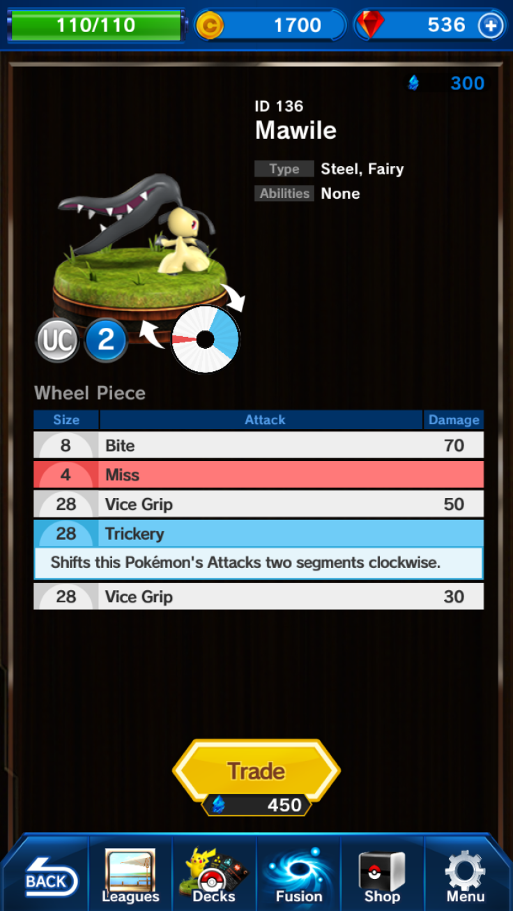 Mawile is a pretty common attacker with the strongest move in all of ‘Pokémon Duel.’ Trickery is a good move to spin, but it's offset by a few weak alternatives.
