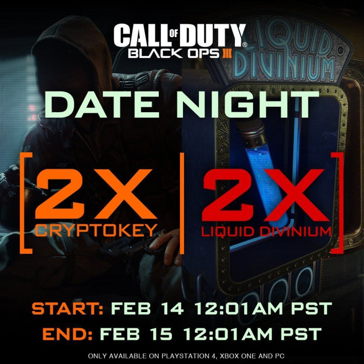 'Call Of Duty: Black Ops 3' is having a Valentine's Day Date Night event with double Cryptokey and Divinium rewards for the next 12 hours. Get the most out of Zombies and multiplayer. 'Call Of Duty: Black Ops 3' Date Night is exclusive to PS4, Xbox One an