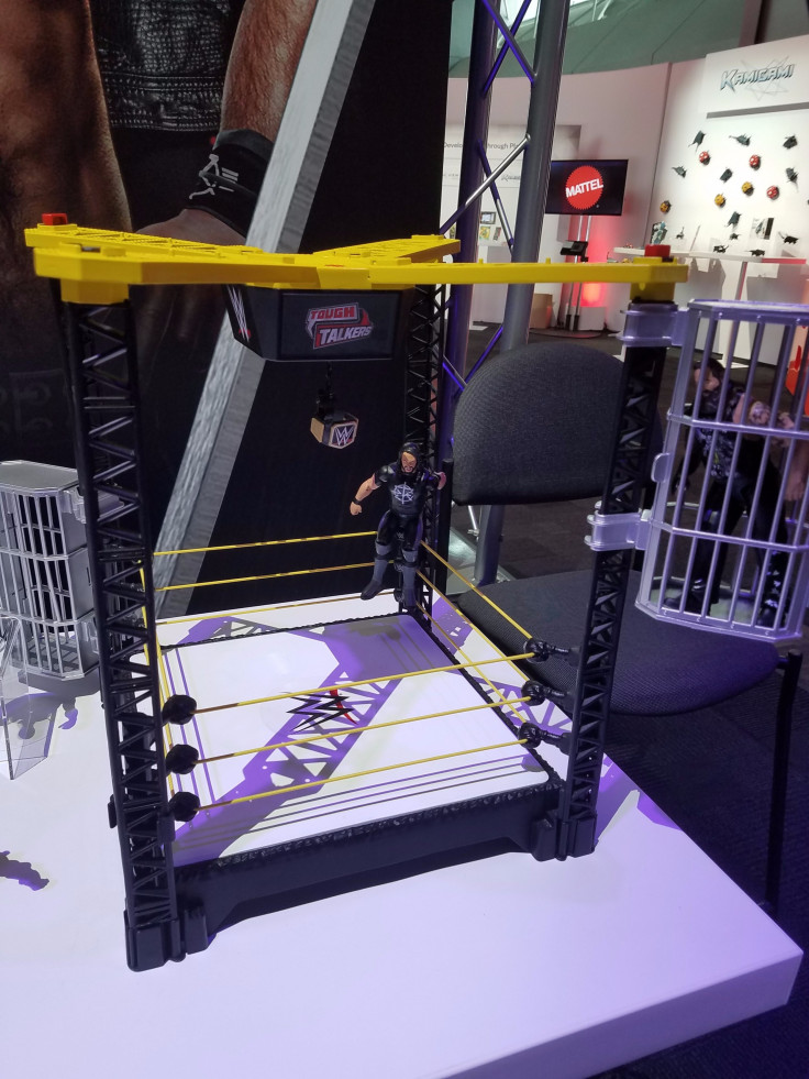 The new ring setup on display at Toy Fair. Note the two cages in opposite corners