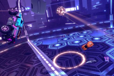 A game of Rocket League's newest game mode, Dropshot, in action