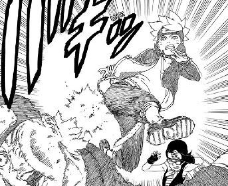 Boruto saves Sarada from an armed ninja.