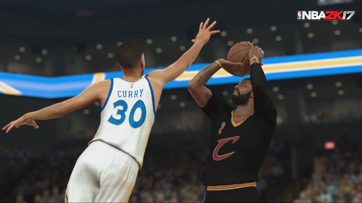 Steph Curry playing defense on Kyrie Irving. 
