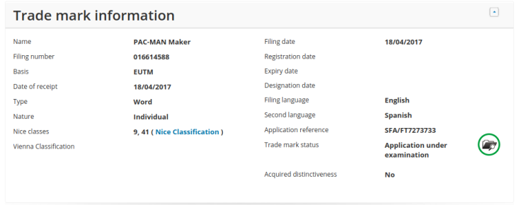 The trademark filing for 'Pac-Man Maker'