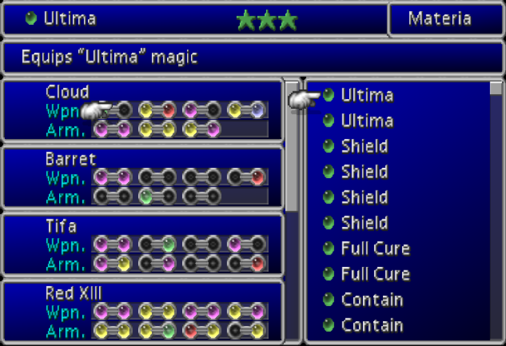 The materia menu in 'Final Fantasy VII.'