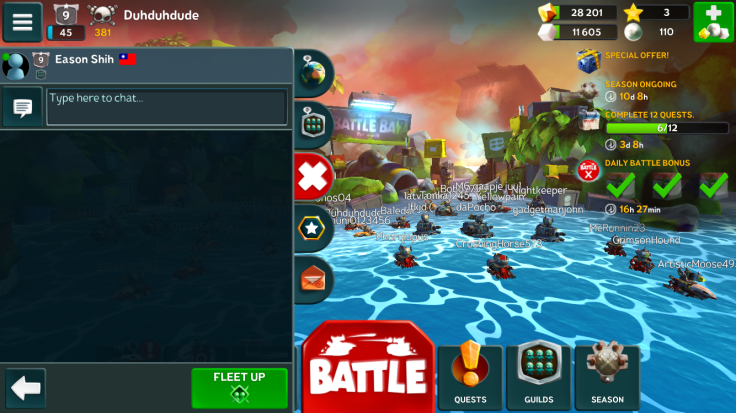 You can create a Fleet in Battle Bay by sending requests to your online friends in the chat menu.