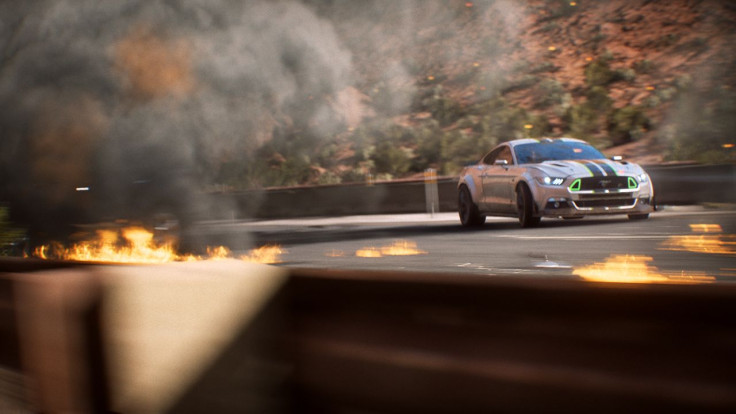 A fancy Mustang driving through what looks like the aftermath of an explosion