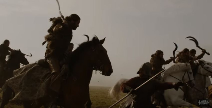 A Dothraki giving some Lannister troops the traditional greeting known as "an arakh to the dome piece."