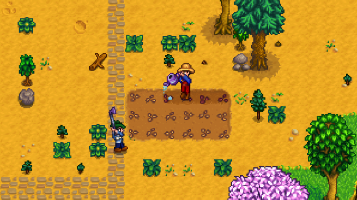 Two Stardew Valley players hard at work on a farm