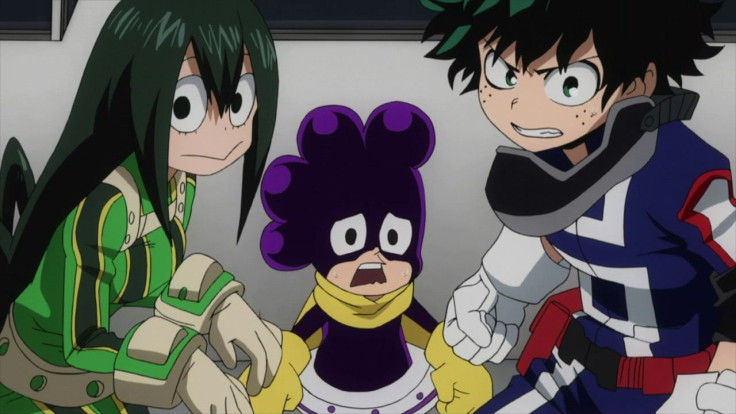 Tsuyu, Mineta and Deku team-up in My Hero Academia. 