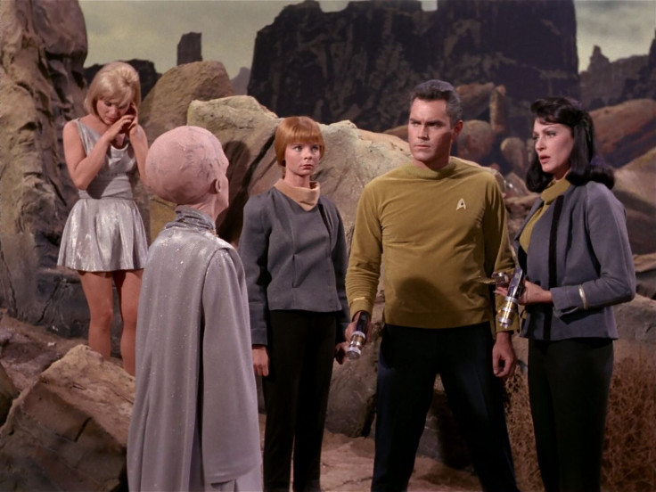 Yeoman J.M. Colt, Captain Pike and Number One escape the Talosian prison, but leave Vina (left) behind.