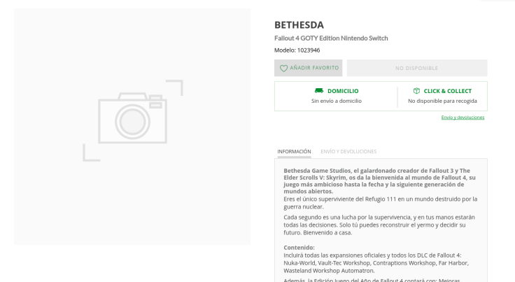 The listing for a Fallout 4 Switch version on El Corte Inglés