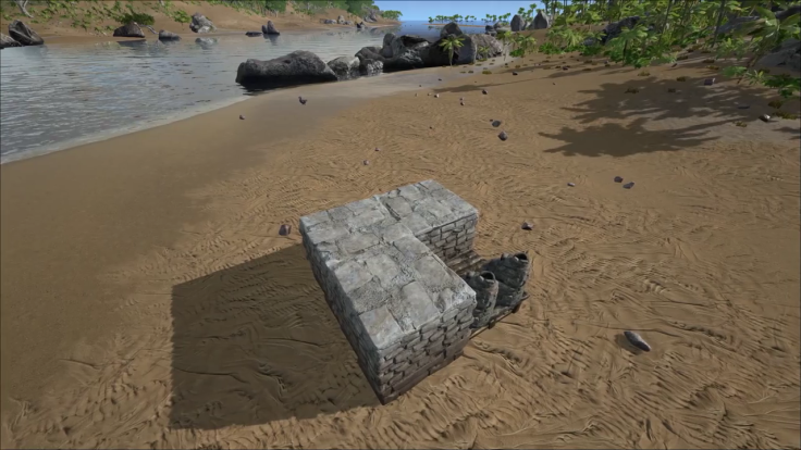 ARK: Survival Evolved beginners can build a tiny stone base like this. It has enough room for crafting, sleep and storage. ARK: Survival Evolved is available on PC, Xbox One, PS4, OS X and Linux.